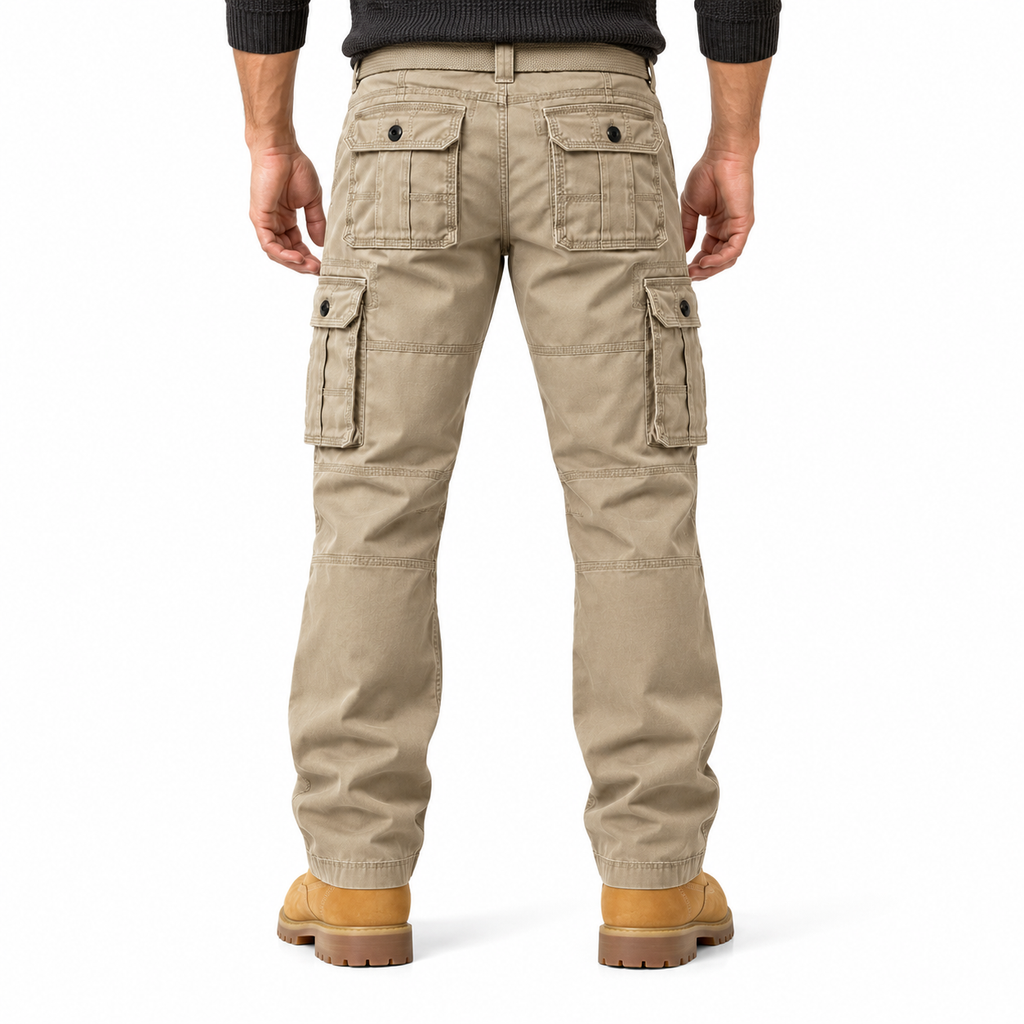 FREDD MARSHALL FH5122 men's cotton button-pocket cargo pants, Khaki, back view
