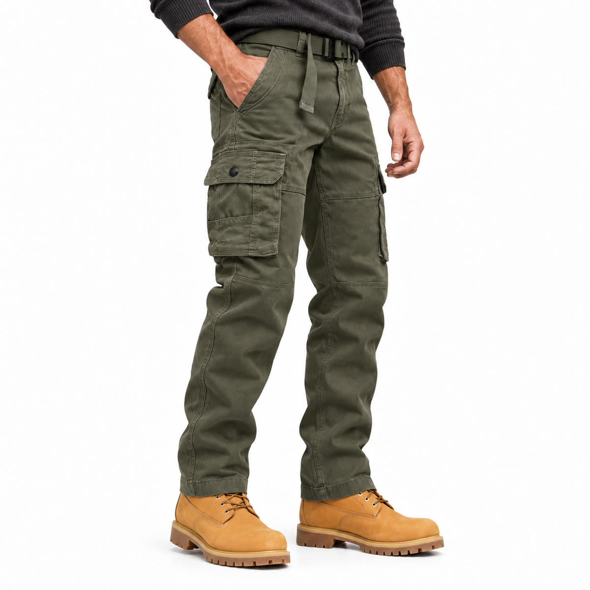 FREDD MARSHALL FH5122 men's cotton button-pocket cargo pants, Army Green, side view