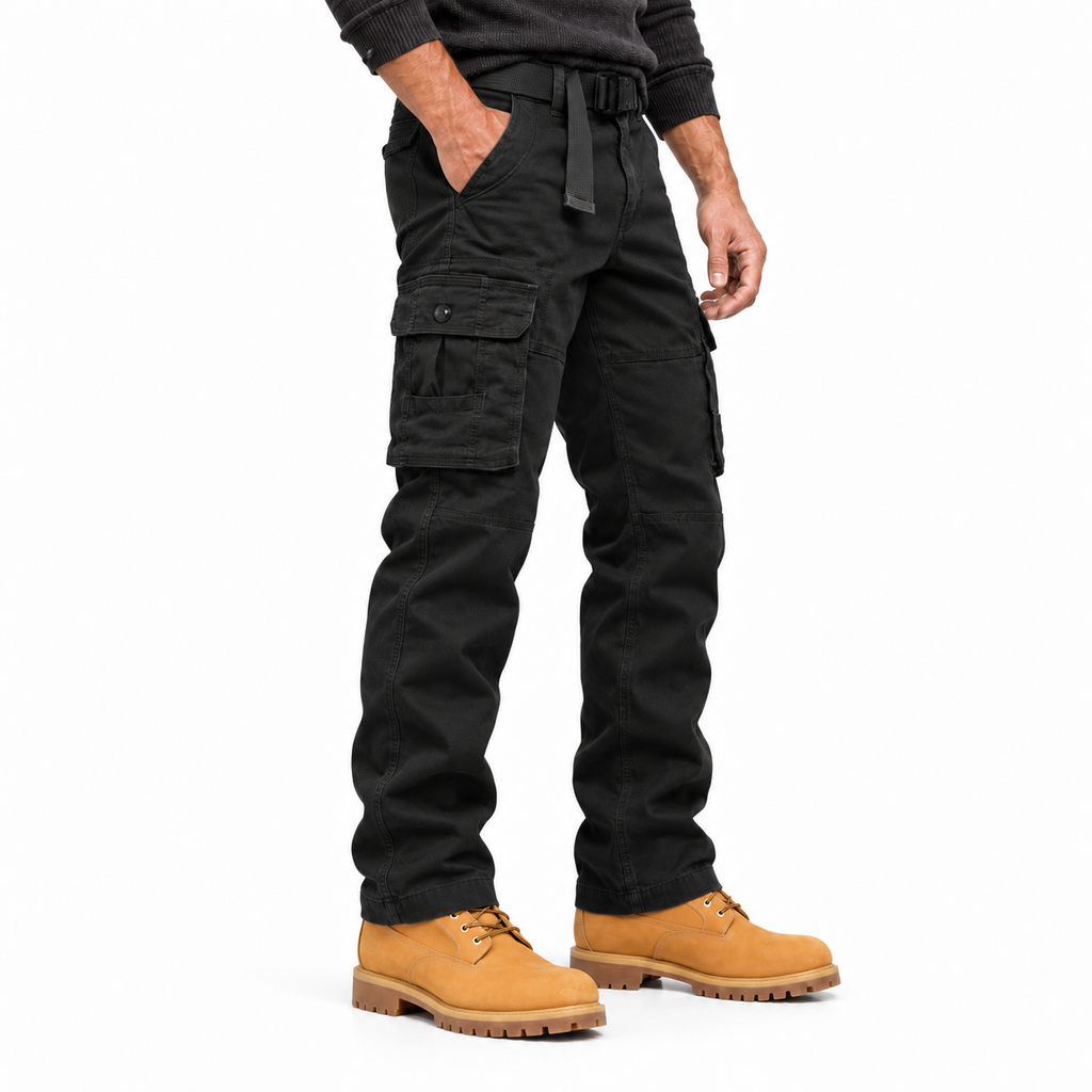 FREDD MARSHALL FH5122 men's cotton button-pocket cargo pants, Black, side view