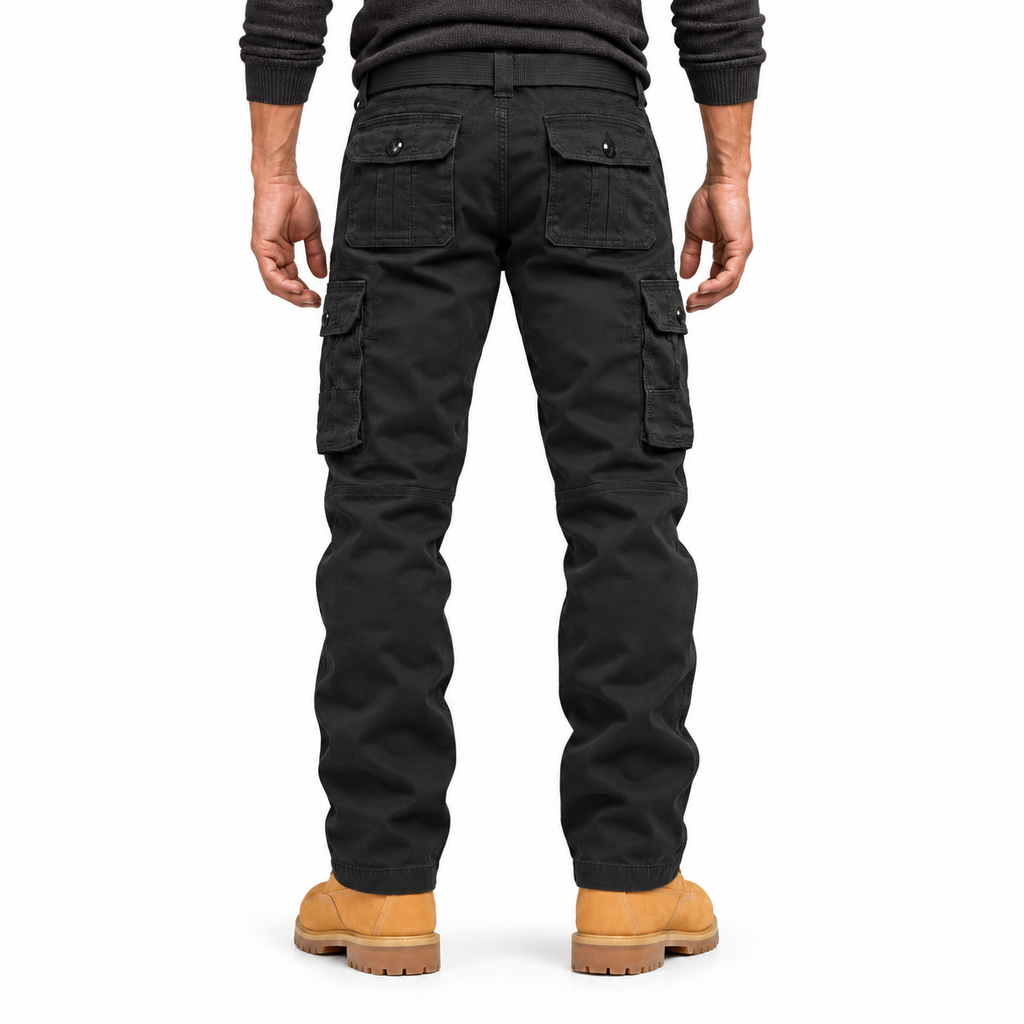 FREDD MARSHALL FH5122 men's cotton button-pocket cargo pants, Black, back view
