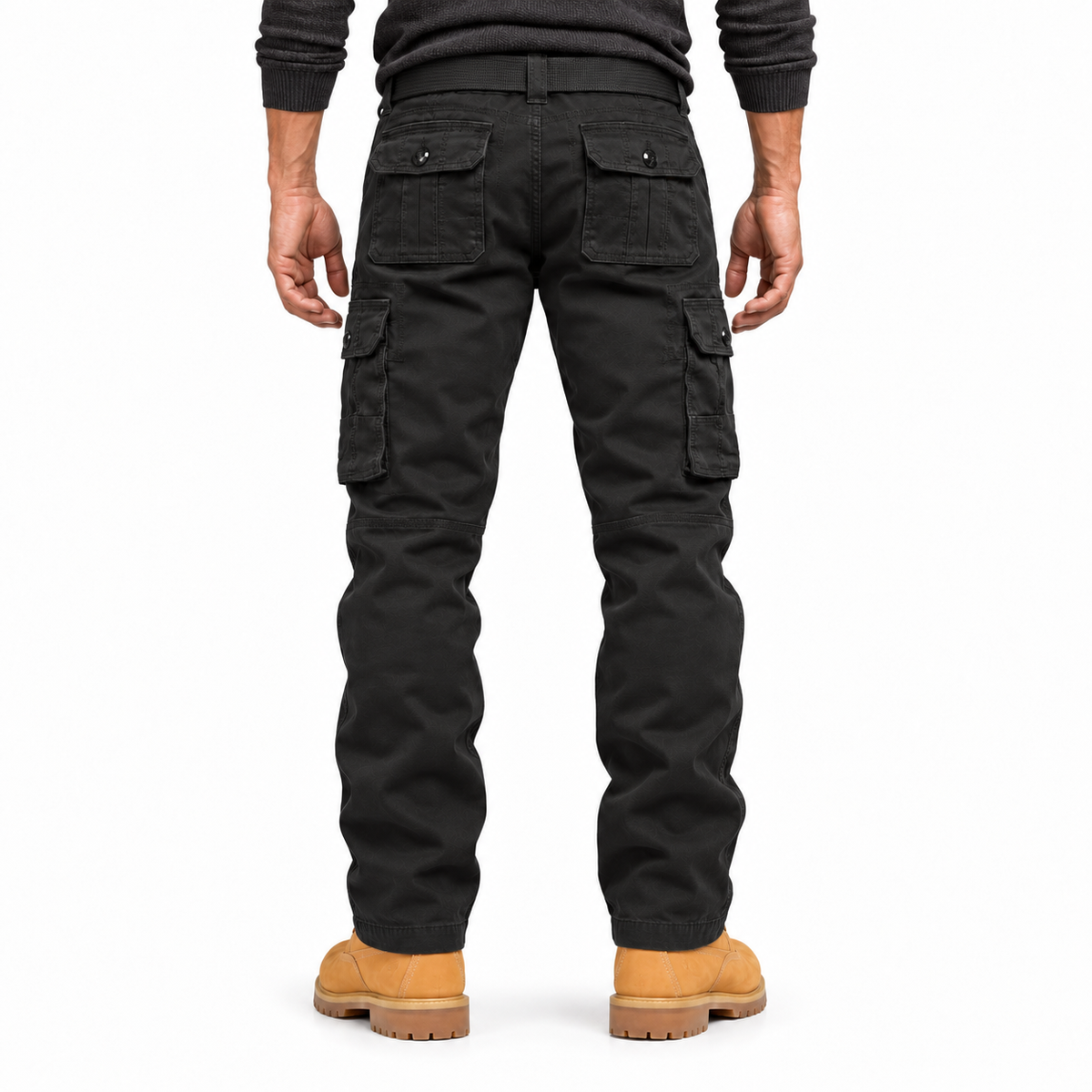 FREDD MARSHALL FH5122 men's cotton button-pocket cargo pants, Black, back view