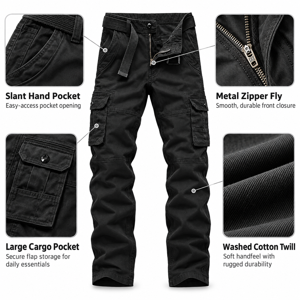 FREDD MARSHALL FH5122 men's cotton button-pocket cargo pants, Black, construction detail