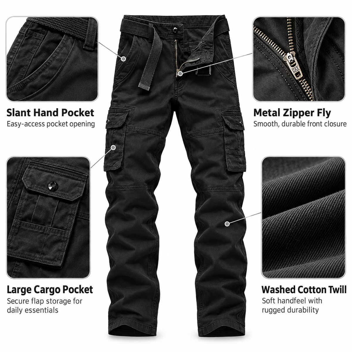 FREDD MARSHALL FH5122 men's cotton button-pocket cargo pants, Black, construction detail