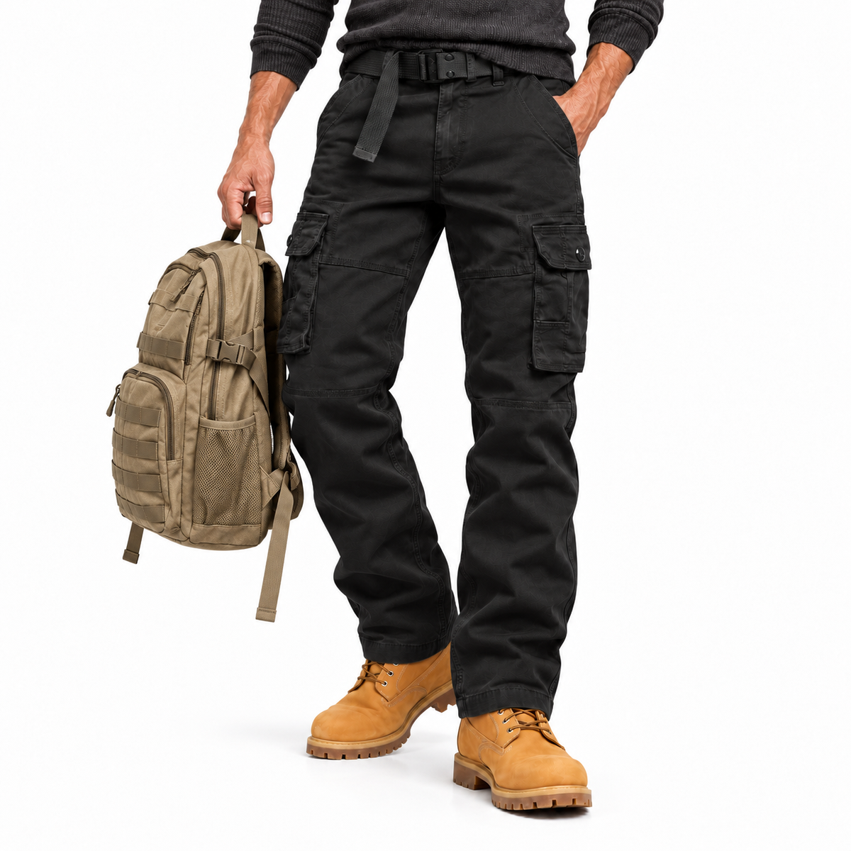 FREDD MARSHALL FH5122 men's cotton button-pocket cargo pants, Black, styled outfit