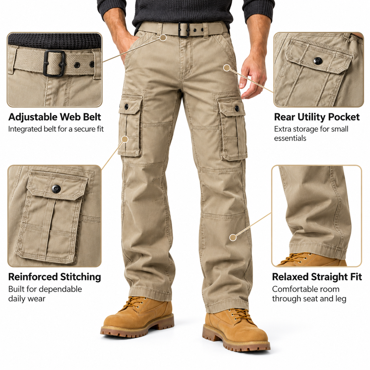 FREDD MARSHALL FH5122 men's cotton button-pocket cargo pants, Khaki, construction detail