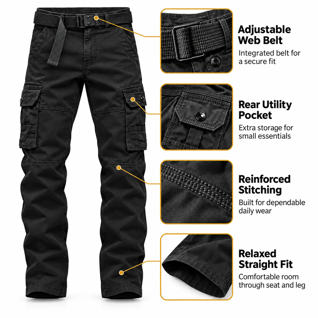 FREDD MARSHALL FH5122 men's cotton button-pocket cargo pants, Black, construction detail