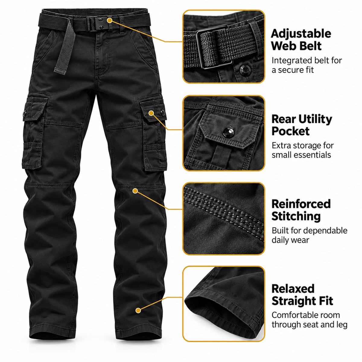 FREDD MARSHALL FH5122 men's cotton button-pocket cargo pants, Black, construction detail