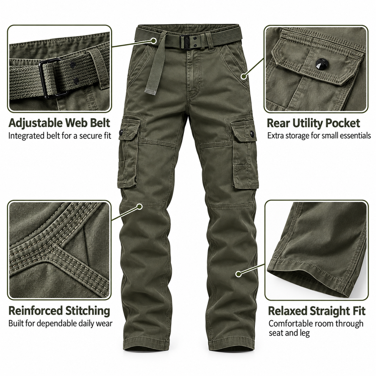 FREDD MARSHALL FH5122 men's cotton button-pocket cargo pants, Army Green, construction detail