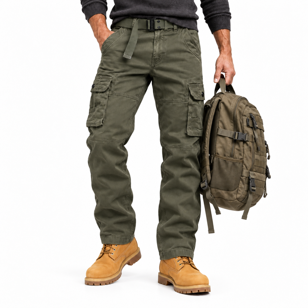 FREDD MARSHALL FH5122 men's cotton button-pocket cargo pants, Army Green, styled outfit