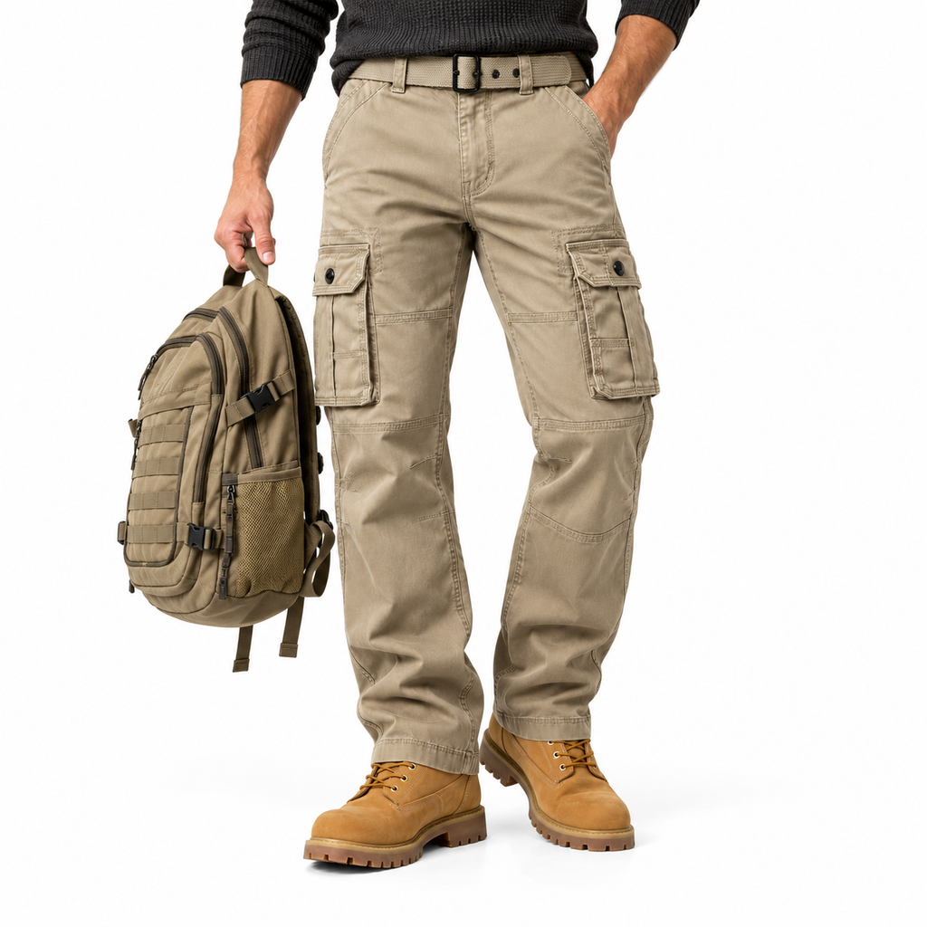 FREDD MARSHALL FH5122 men's cotton button-pocket cargo pants, Khaki, styled outfit