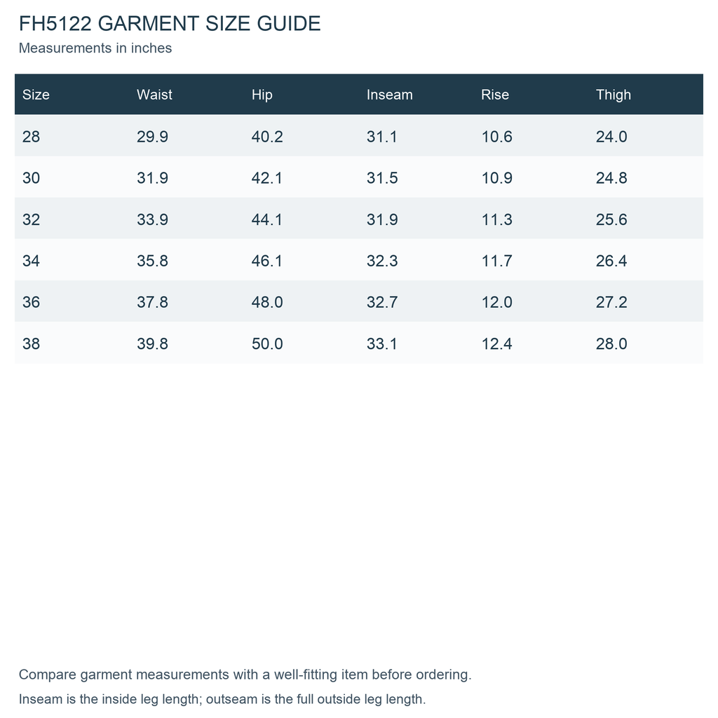 FH5122 verified garment measurements and size guide