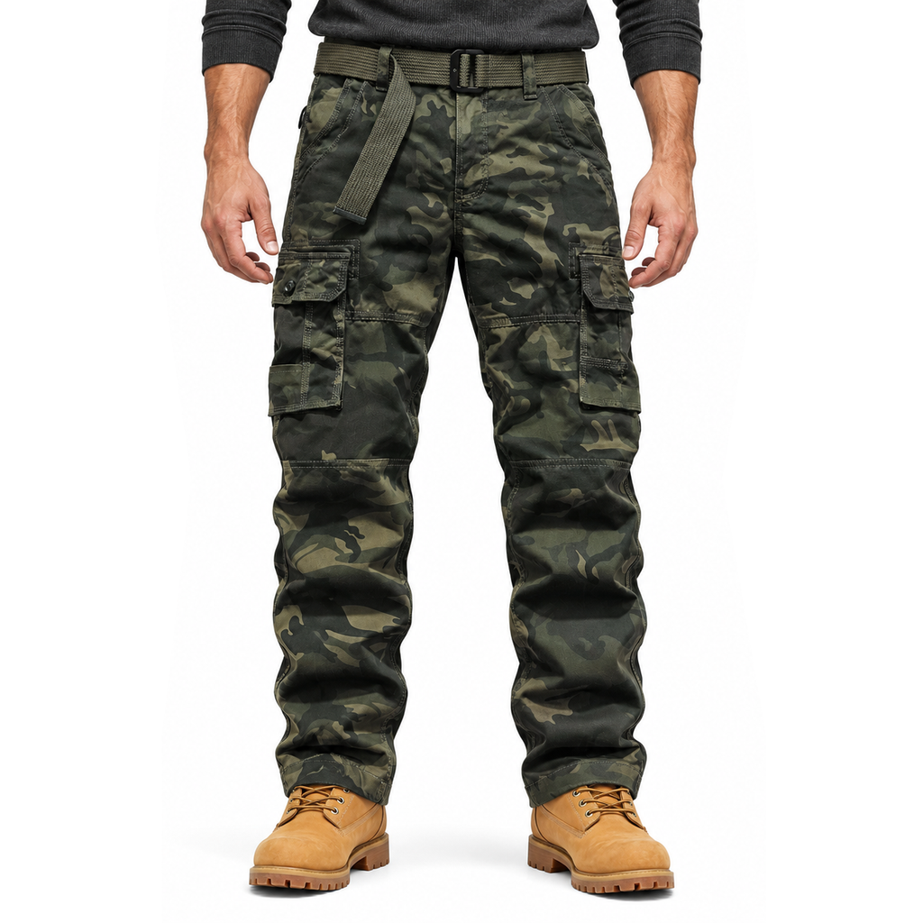 FREDD MARSHALL FH5127 men's cotton camo utility cargo pants, Army Green Camo, front view