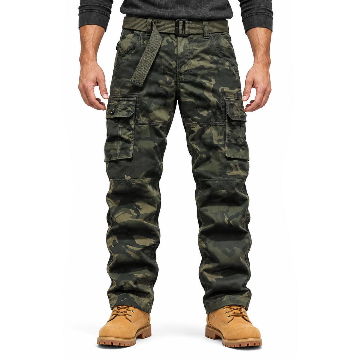 FREDD MARSHALL FH5127 men's cotton camo utility cargo pants, Army Green Camo, front view