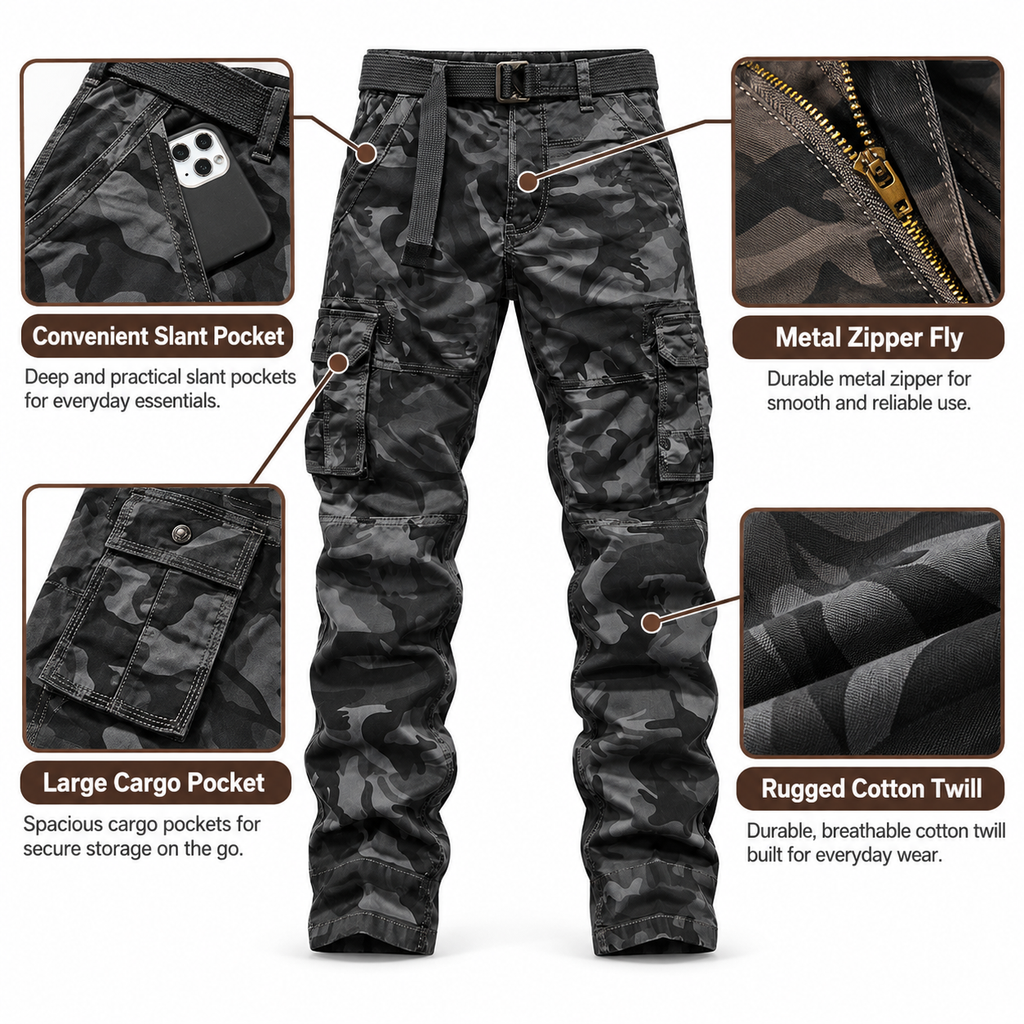 FREDD MARSHALL FH5127 men's cotton camo utility cargo pants, Dark Gray Camo, construction detail