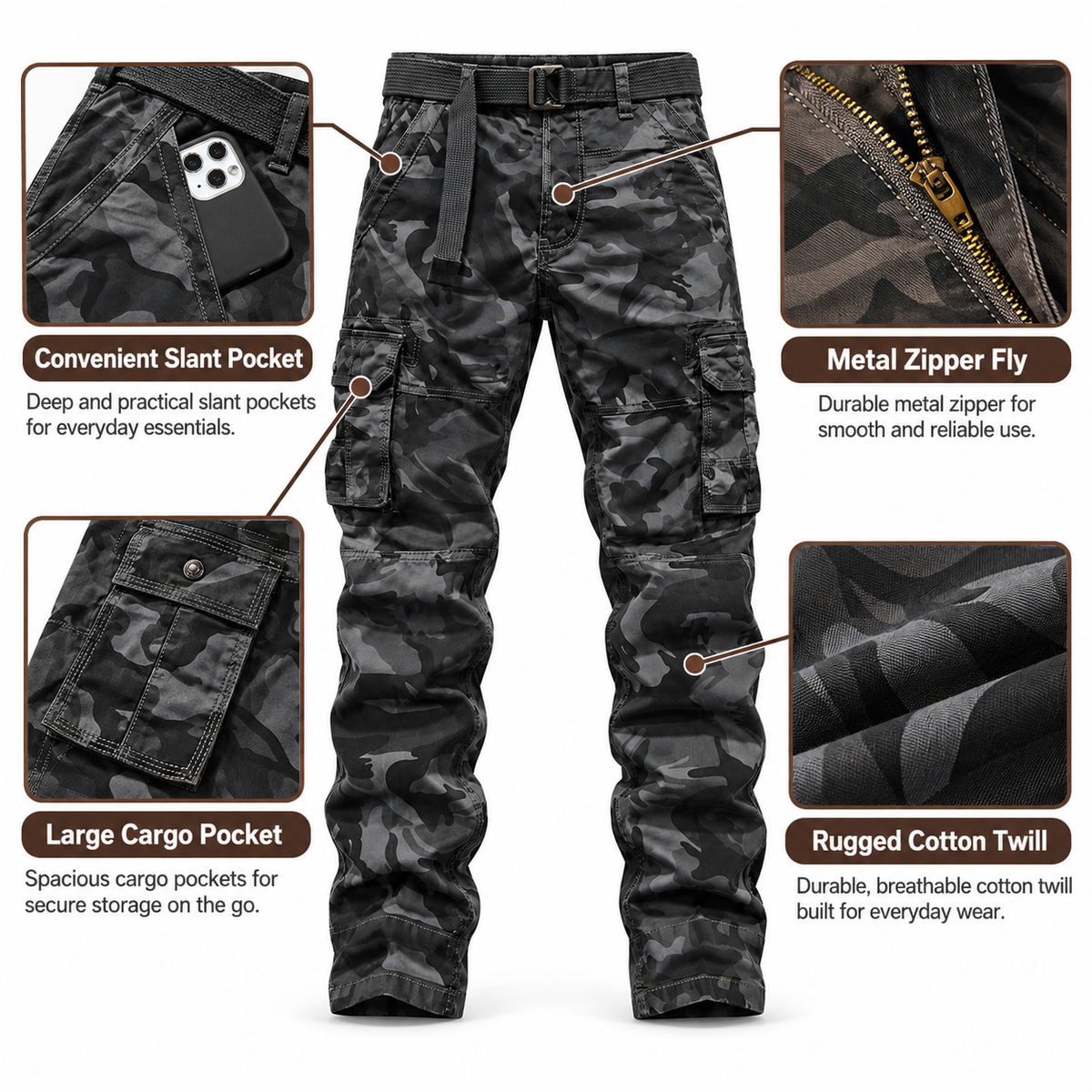 FREDD MARSHALL FH5127 men's cotton camo utility cargo pants, Dark Gray Camo, construction detail