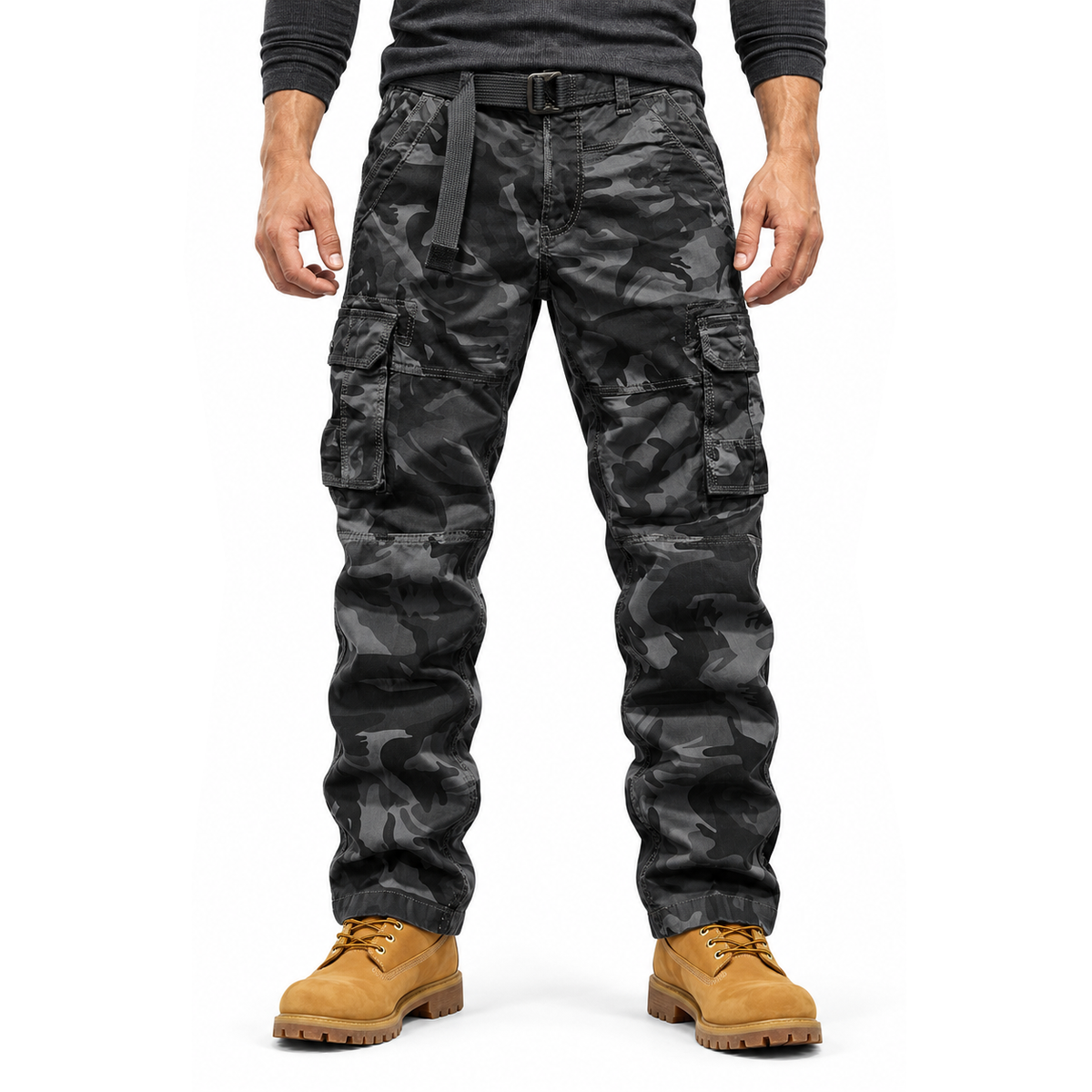 FREDD MARSHALL FH5127 men's cotton camo utility cargo pants, Dark Gray Camo, front view