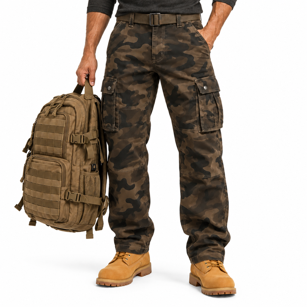 FREDD MARSHALL FH5127 men's cotton camo utility cargo pants, Coffee Camo, styled outfit