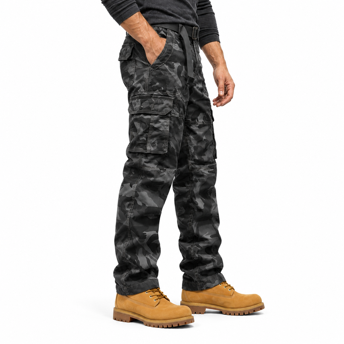 FREDD MARSHALL FH5127 men's cotton camo utility cargo pants, Dark Gray Camo, side view