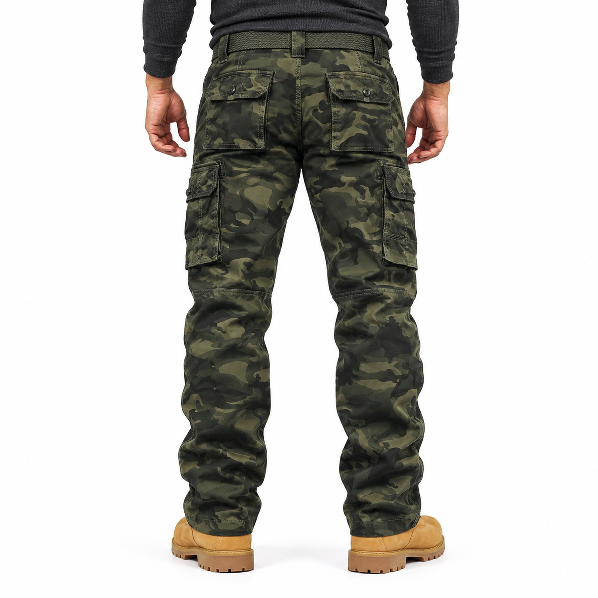FREDD MARSHALL FH5127 men's cotton camo utility cargo pants, Army Green Camo, back view