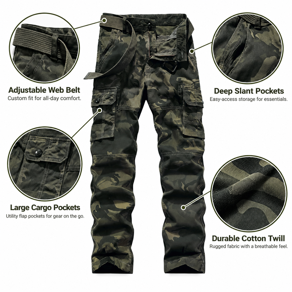 FREDD MARSHALL FH5127 men's cotton camo utility cargo pants, Army Green Camo, construction detail