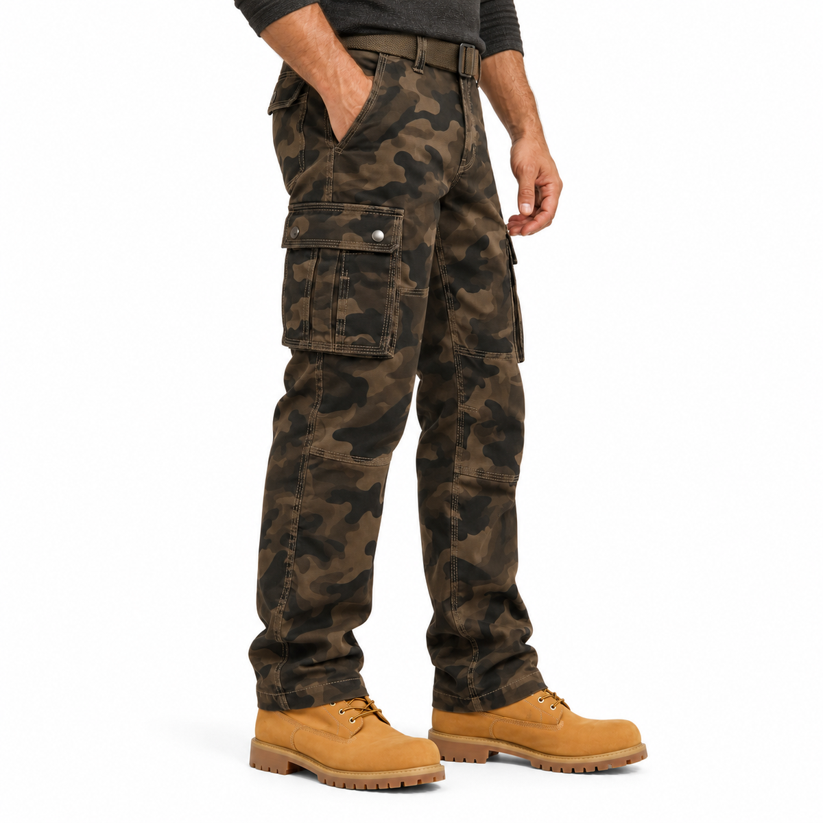 FREDD MARSHALL FH5127 men's cotton camo utility cargo pants, Coffee Camo, side view