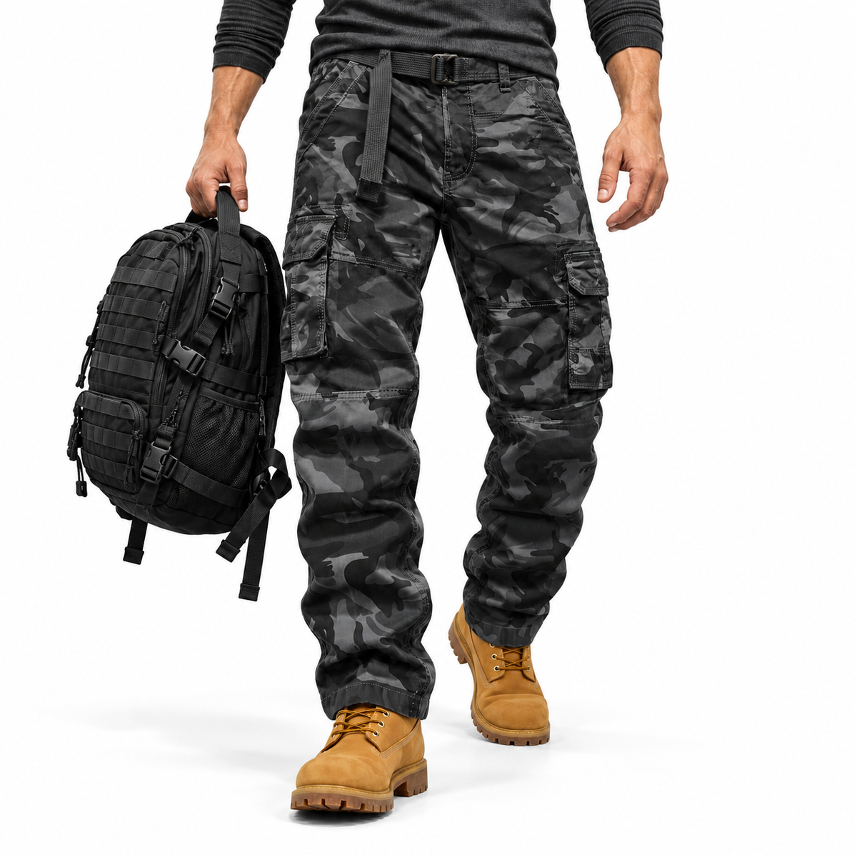 FREDD MARSHALL FH5127 men's cotton camo utility cargo pants, Dark Gray Camo, styled outfit