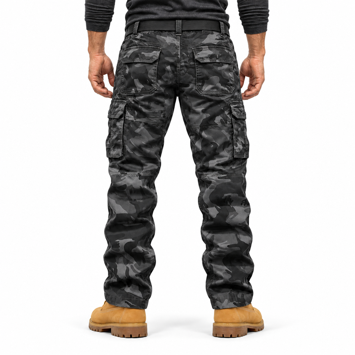 FREDD MARSHALL FH5127 men's cotton camo utility cargo pants, Dark Gray Camo, back view
