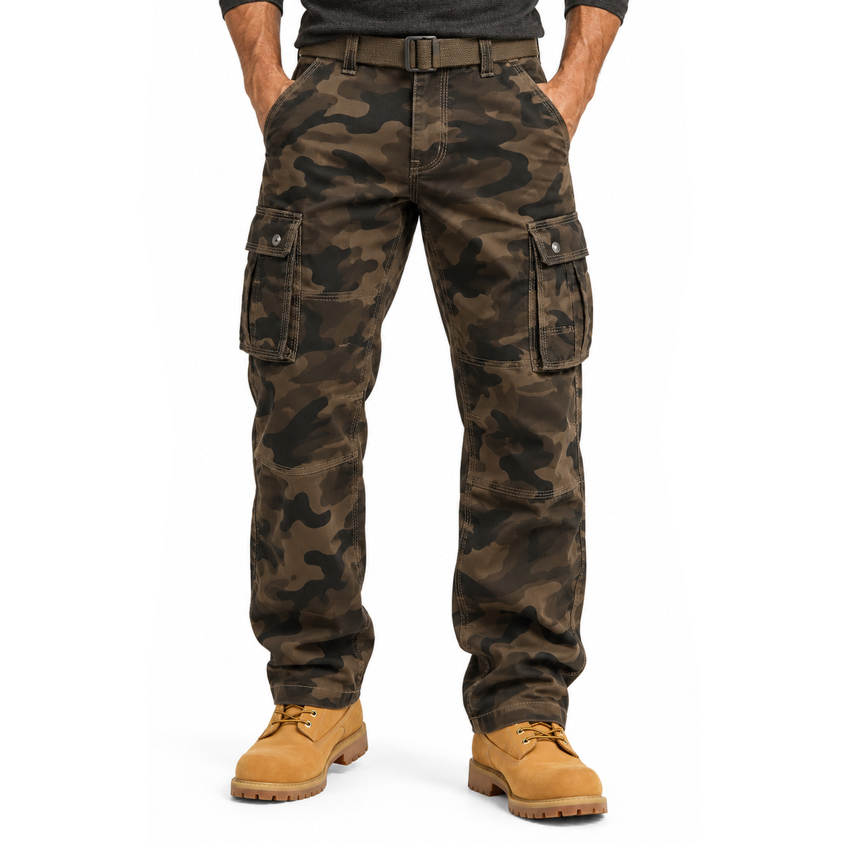 FREDD MARSHALL FH5127 men's cotton camo utility cargo pants, Coffee Camo, front view