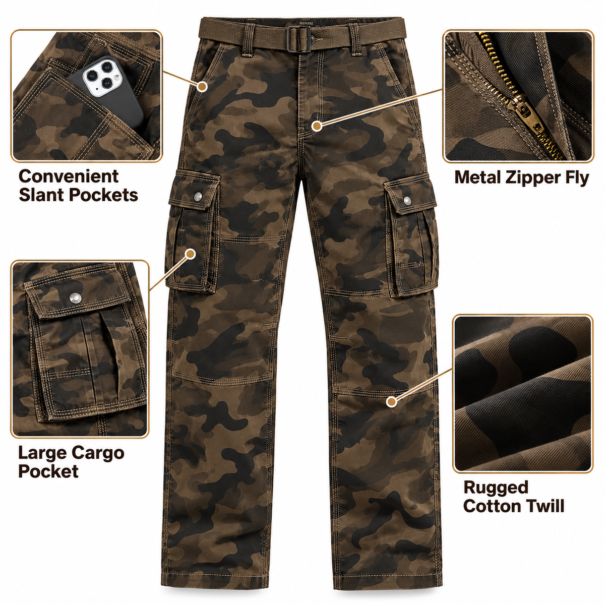 FREDD MARSHALL FH5127 men's cotton camo utility cargo pants, Coffee Camo, construction detail