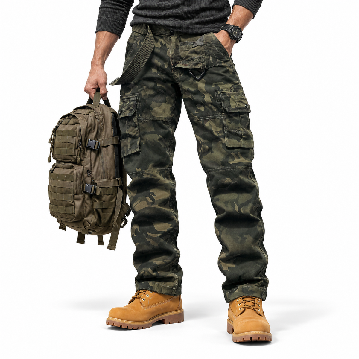 FREDD MARSHALL FH5127 men's cotton camo utility cargo pants, Army Green Camo, styled outfit