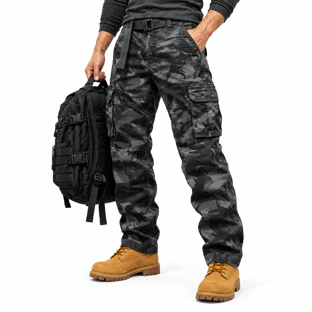 FREDD MARSHALL FH5127 men's cotton camo utility cargo pants, Dark Gray Camo, styled outfit