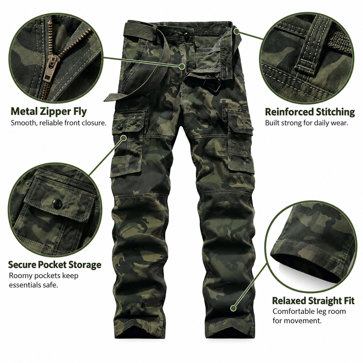 FREDD MARSHALL FH5127 men's cotton camo utility cargo pants, Army Green Camo, construction detail