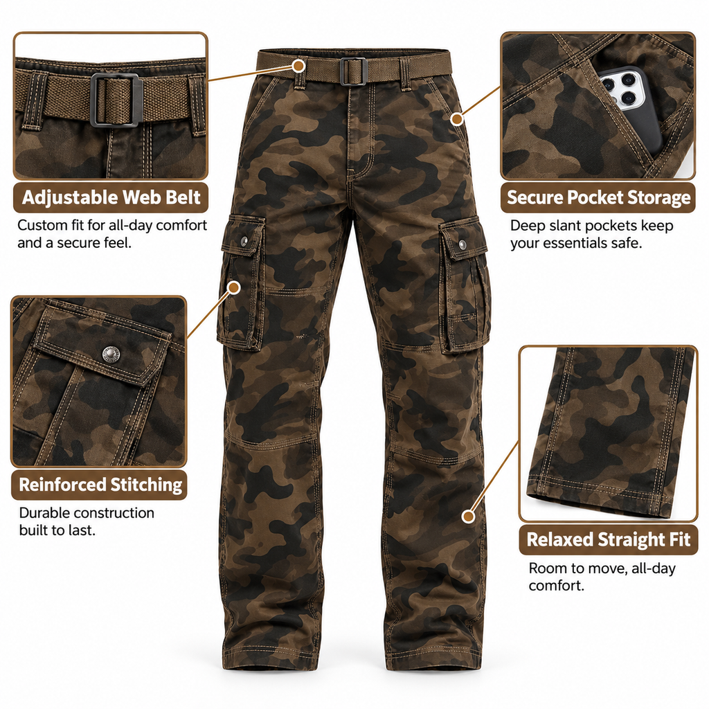 FREDD MARSHALL FH5127 men's cotton camo utility cargo pants, Coffee Camo, construction detail