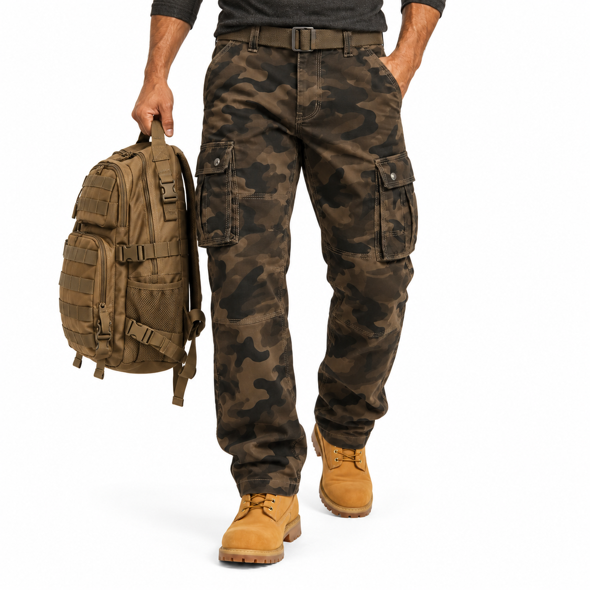 FREDD MARSHALL FH5127 men's cotton camo utility cargo pants, Coffee Camo, styled outfit