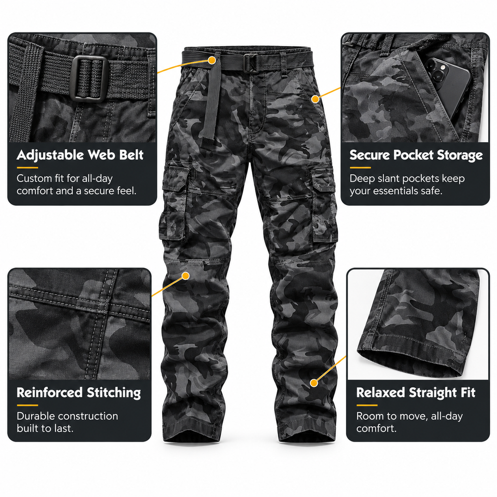 FREDD MARSHALL FH5127 men's cotton camo utility cargo pants, Dark Gray Camo, construction detail