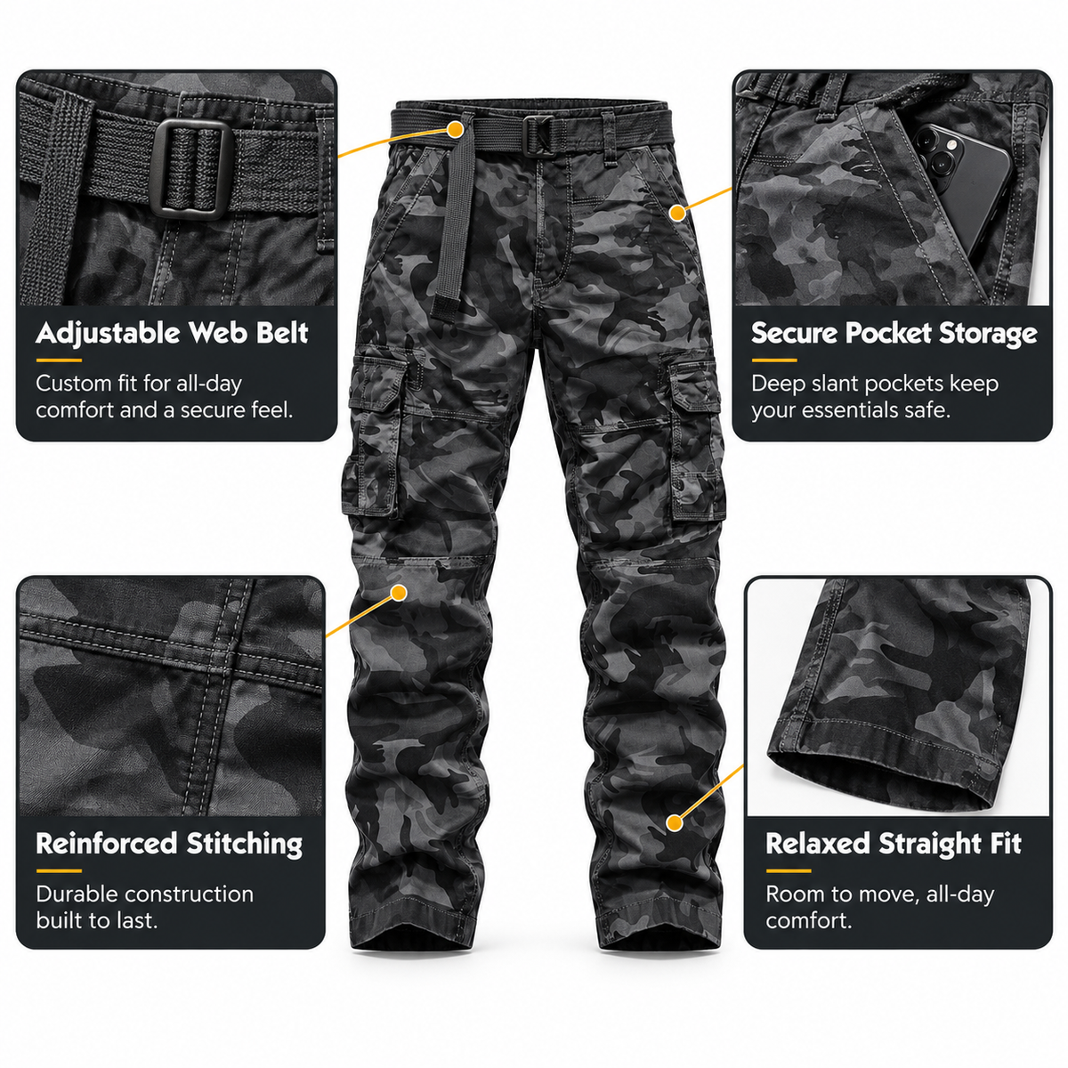 FREDD MARSHALL FH5127 men's cotton camo utility cargo pants, Dark Gray Camo, construction detail