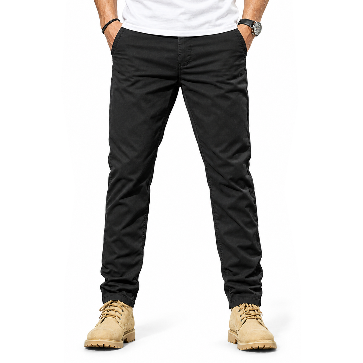 FREDD MARSHALL FHG3628 men's cotton flat-front tapered chino pants, Black, front view