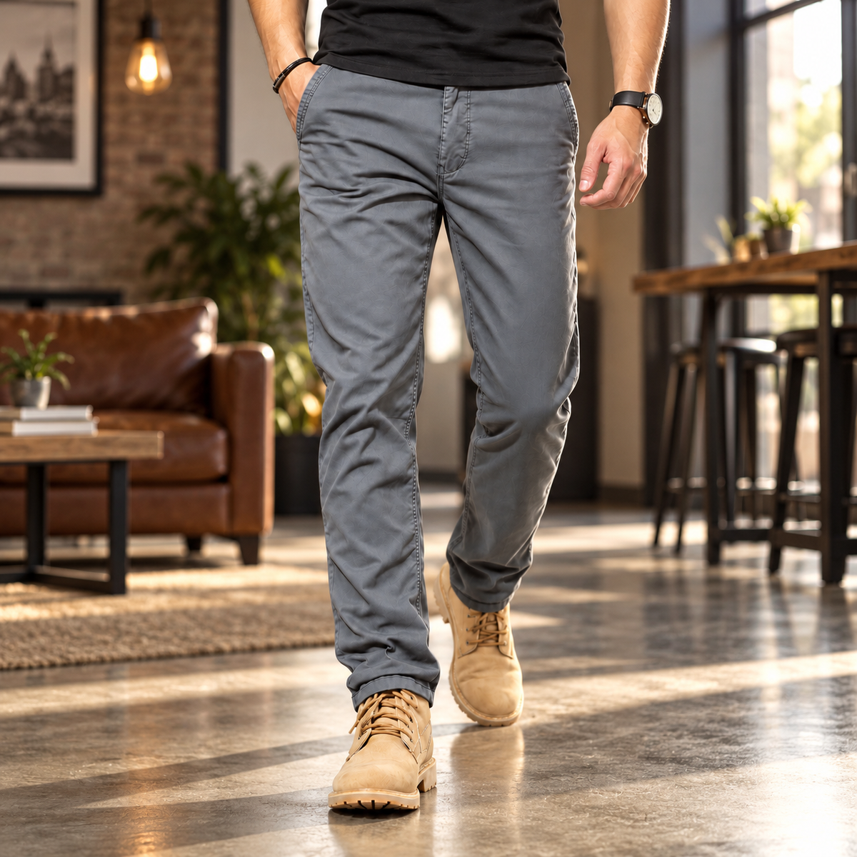 FREDD MARSHALL FHG3628 men's cotton flat-front tapered chino pants, Medium Gray, styled outfit