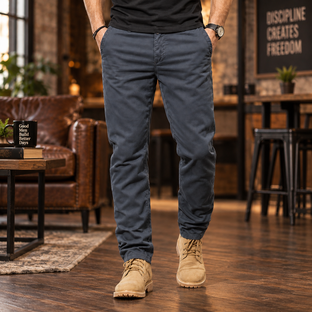 FREDD MARSHALL FHG3628 men's cotton flat-front tapered chino pants, Dark Gray, styled outfit