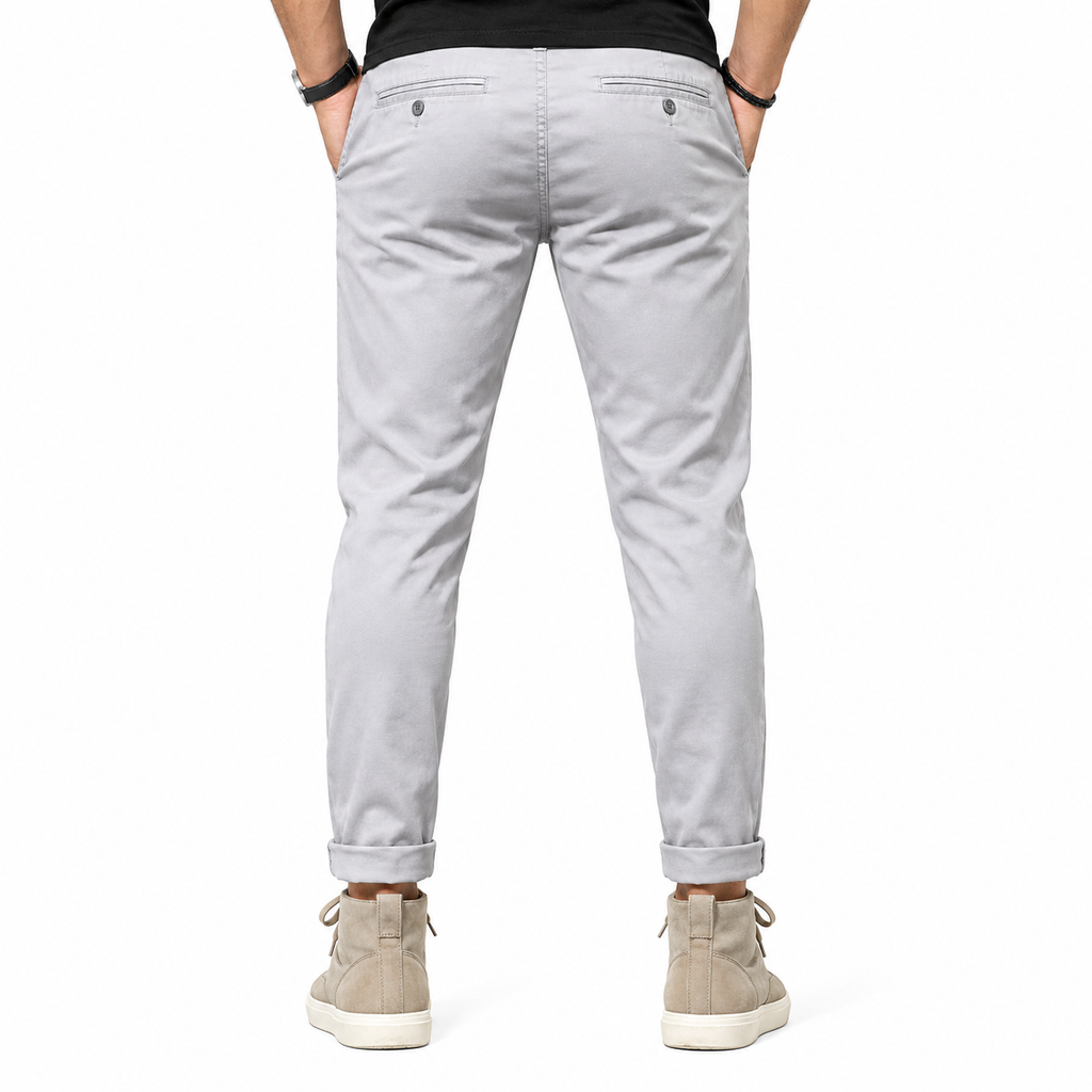 FREDD MARSHALL FHG3628 men's cotton flat-front tapered chino pants, Light Gray, back view