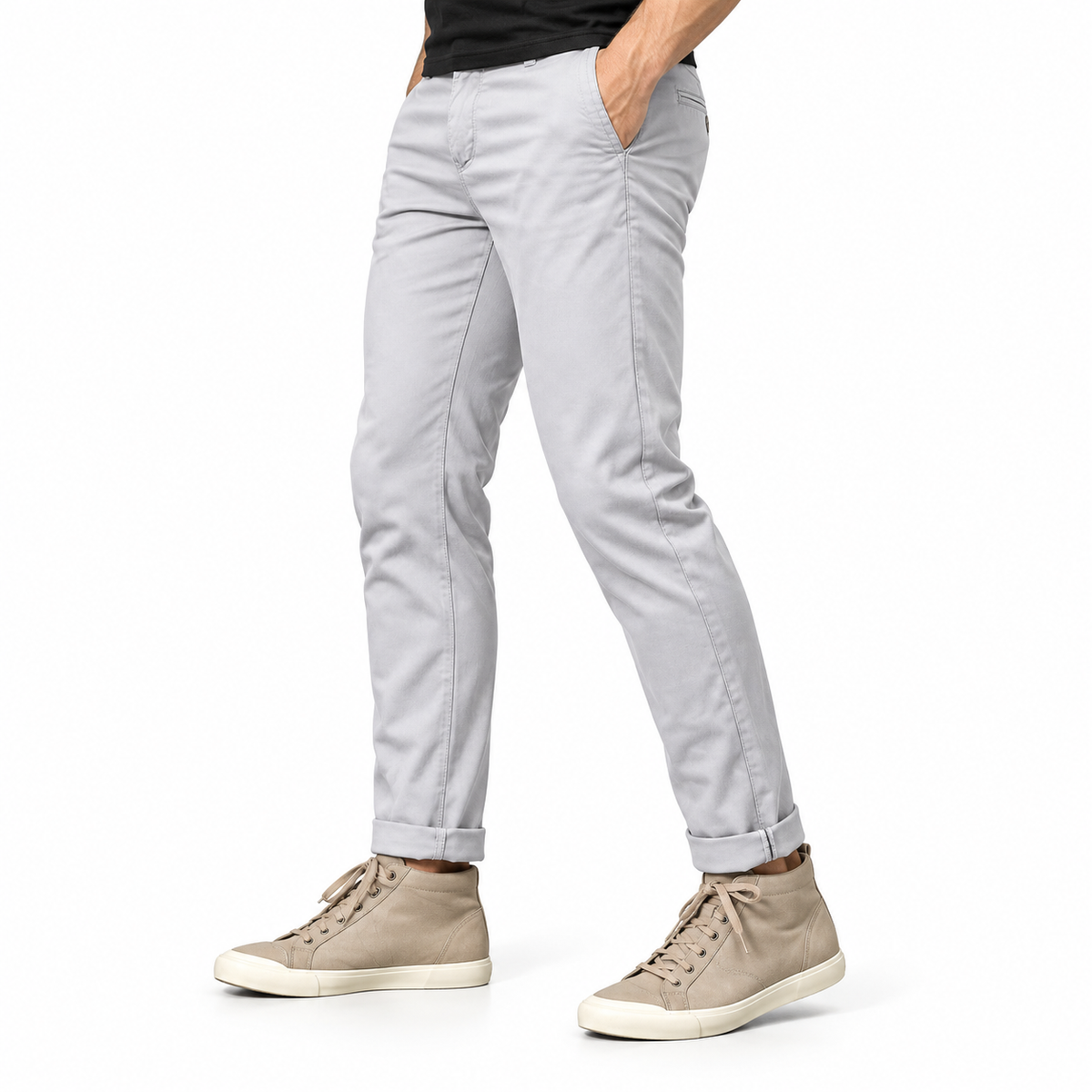 FREDD MARSHALL FHG3628 men's cotton flat-front tapered chino pants, Light Gray, side view