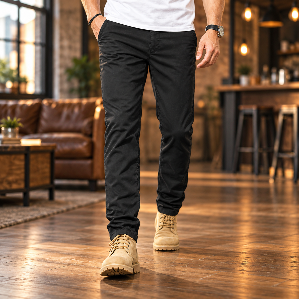 FREDD MARSHALL FHG3628 men's cotton flat-front tapered chino pants, Black, styled outfit