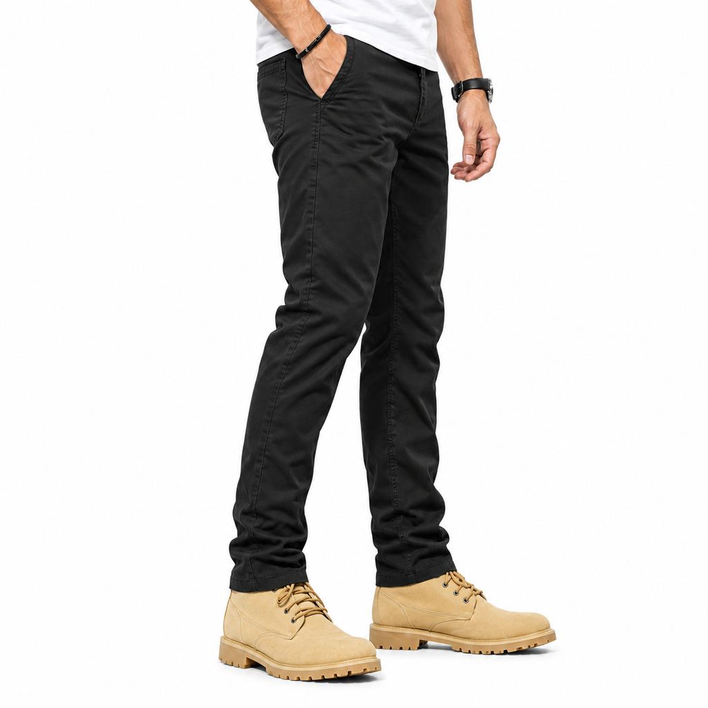 FREDD MARSHALL FHG3628 men's cotton flat-front tapered chino pants, Black, side view