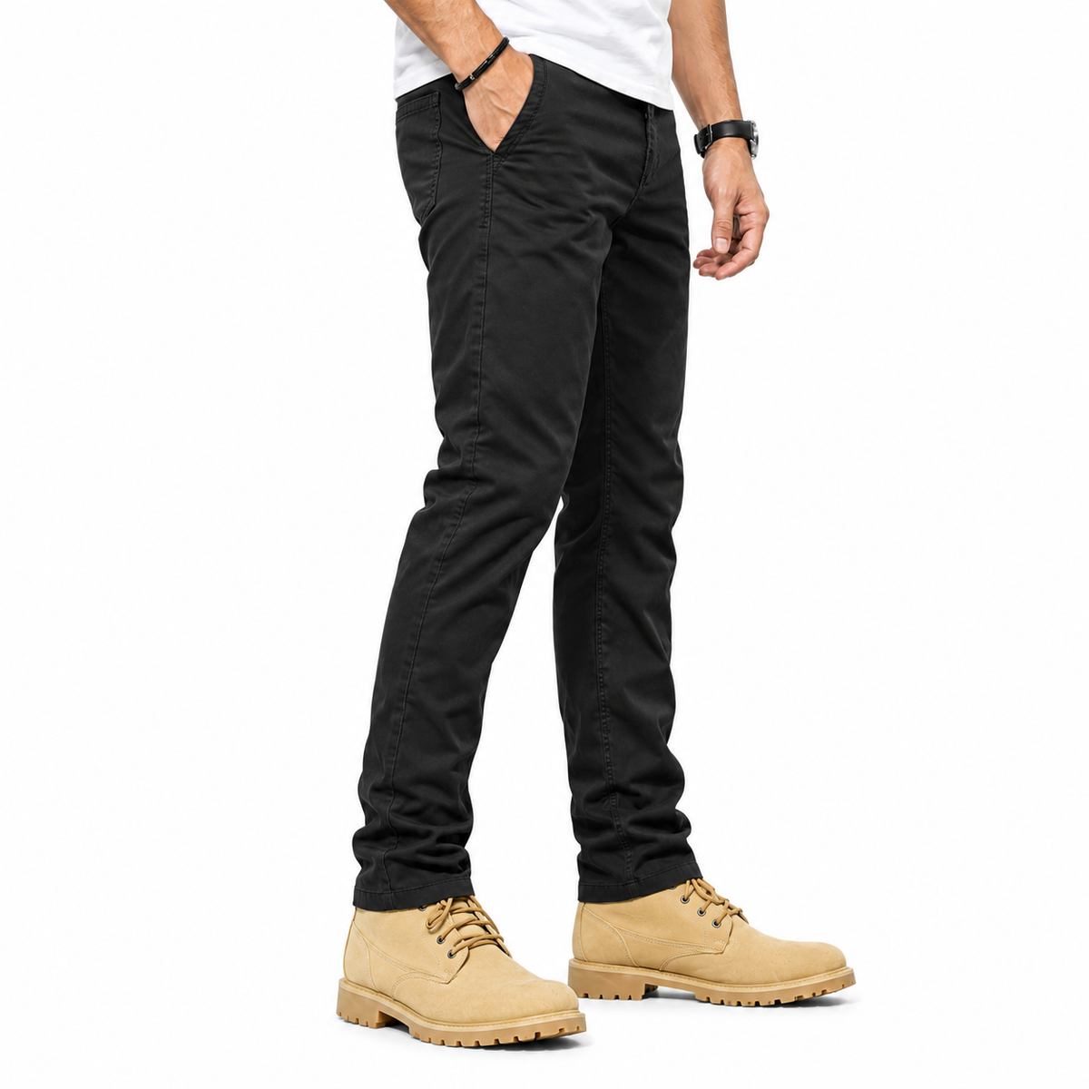 FREDD MARSHALL FHG3628 men's cotton flat-front tapered chino pants, Black, side view