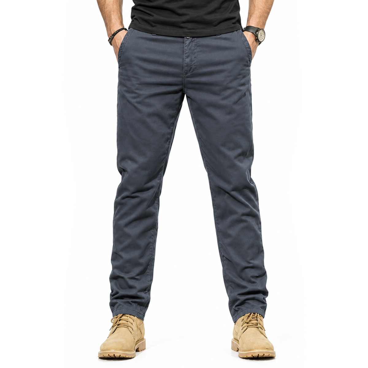 FREDD MARSHALL FHG3628 men's cotton flat-front tapered chino pants, Dark Gray, front view