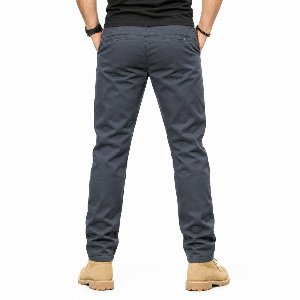 FREDD MARSHALL FHG3628 men's cotton flat-front tapered chino pants, Dark Gray, back view