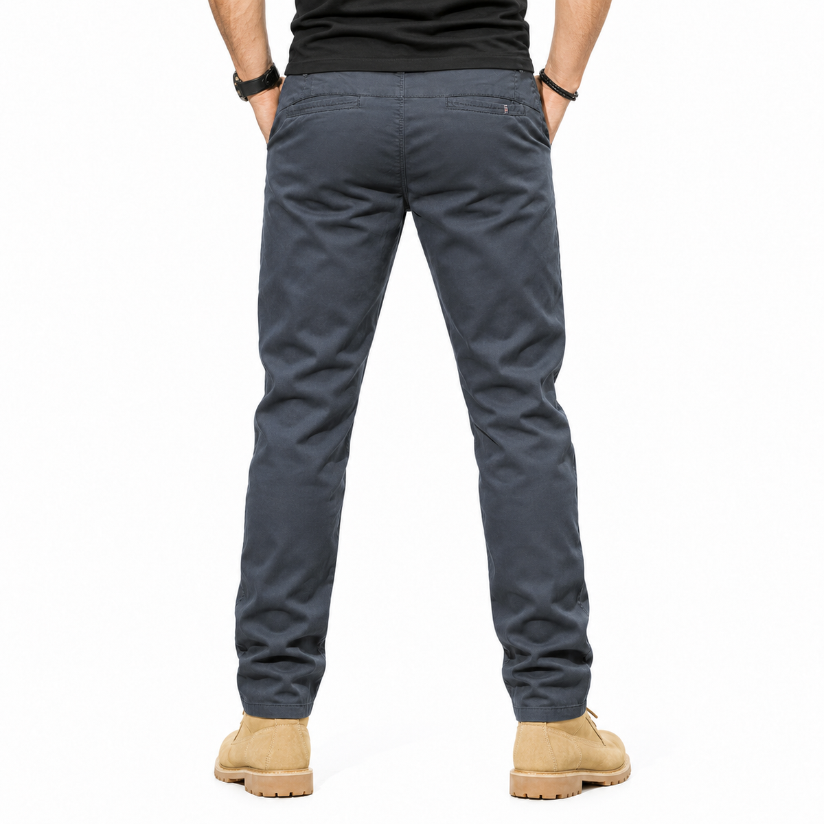 FREDD MARSHALL FHG3628 men's cotton flat-front tapered chino pants, Dark Gray, back view