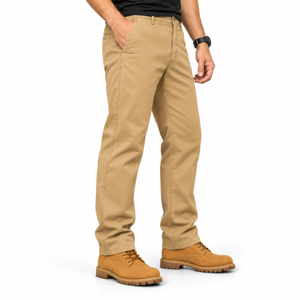 FREDD MARSHALL FHG3628 men's cotton flat-front tapered chino pants, Tan, side view