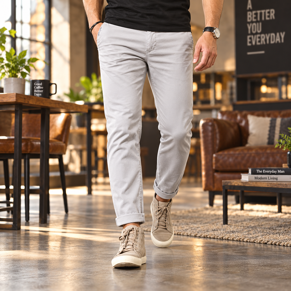 FREDD MARSHALL FHG3628 men's cotton flat-front tapered chino pants, Light Gray, styled outfit