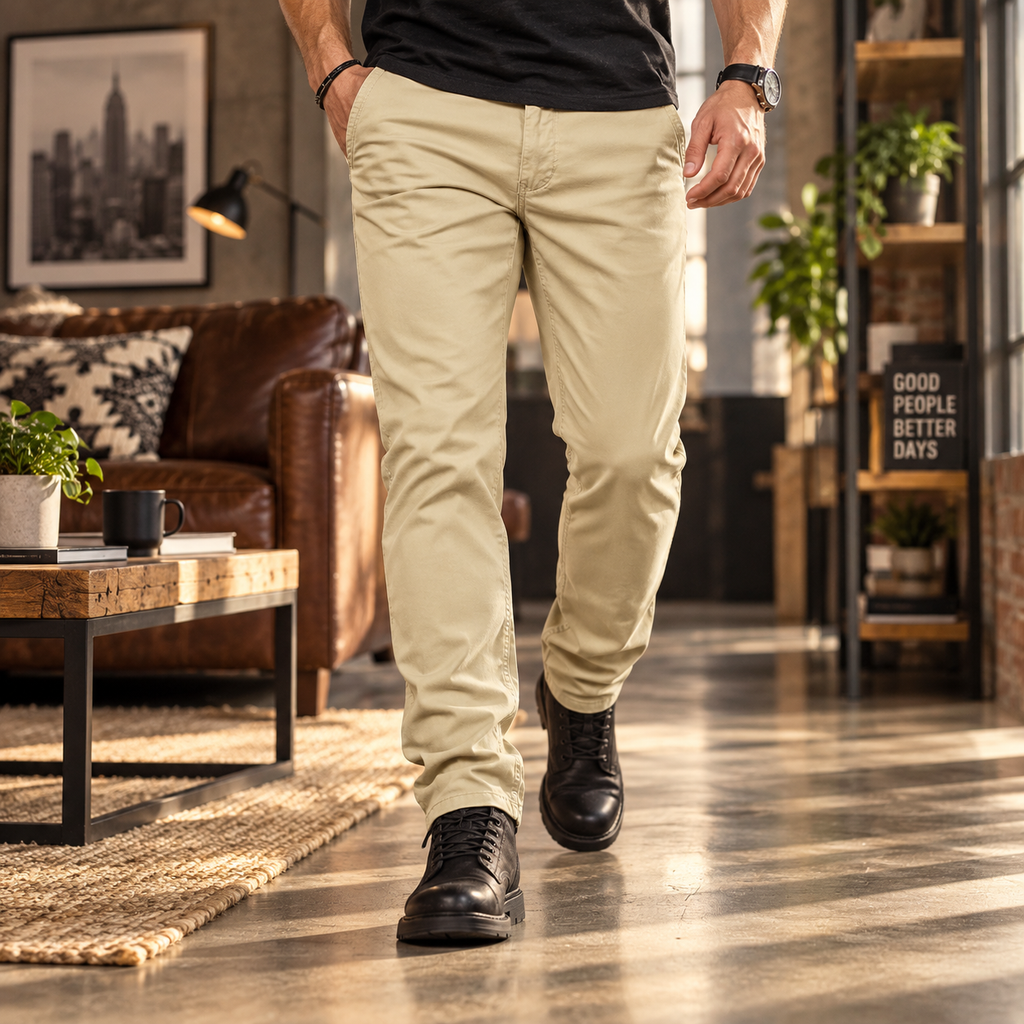 FREDD MARSHALL FHG3628 men's cotton flat-front tapered chino pants, Khaki, styled outfit
